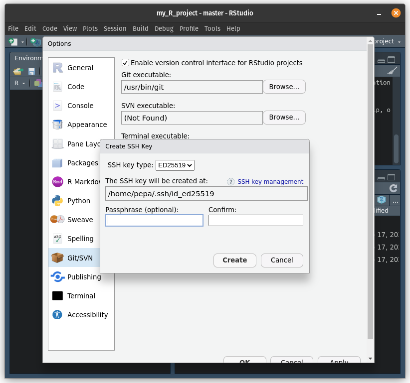 Create an SSH key from RStudio: